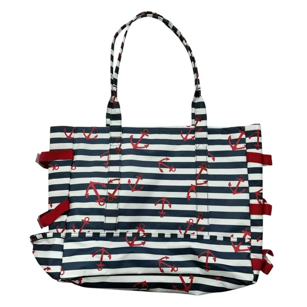LAURA ASHLEY Seaside Blue White Red Anchor Lined Beach Tote Swim Bag Lined - Picture 2 of 13